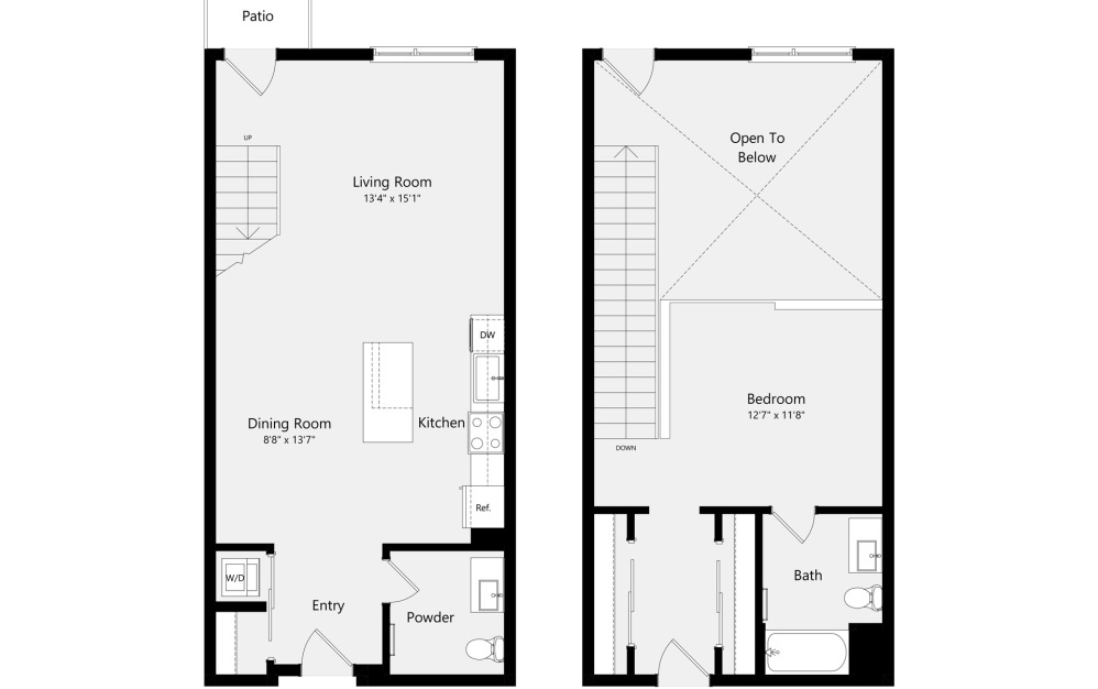 1B-Loft - 1 bedroom floorplan layout with 1.5 bathroom and 1023 square feet